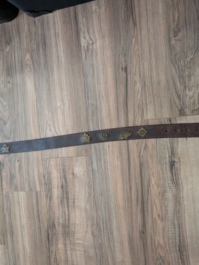 Brown Leather Men's Belt with Decorative Brass Emblems